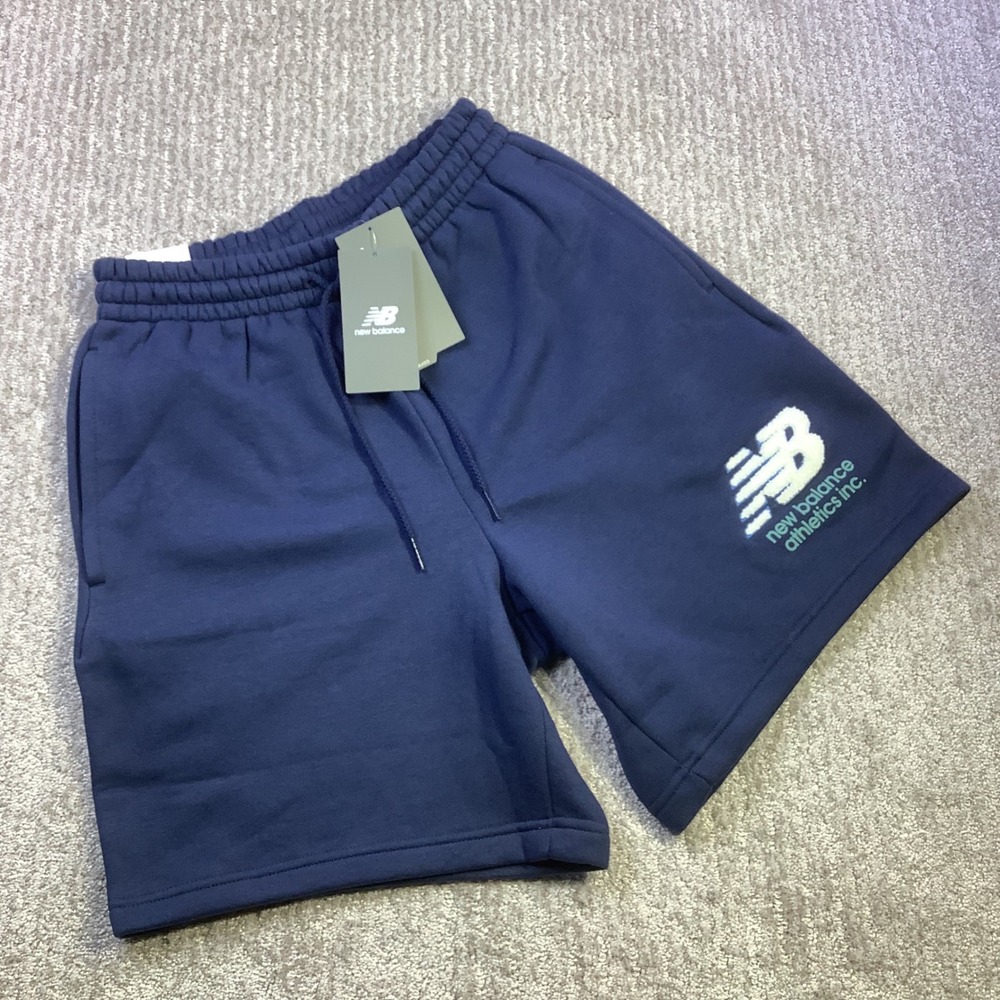 New Balance Chenille Fleece Drawstring Shorts Navy Blue Relaxed Fit Small NWT